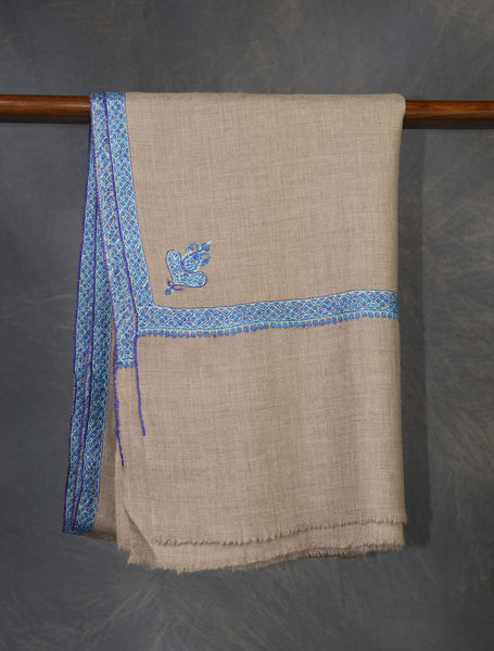 Natural Base Blue Border Embroidery Cashmere Pashmina Shawl