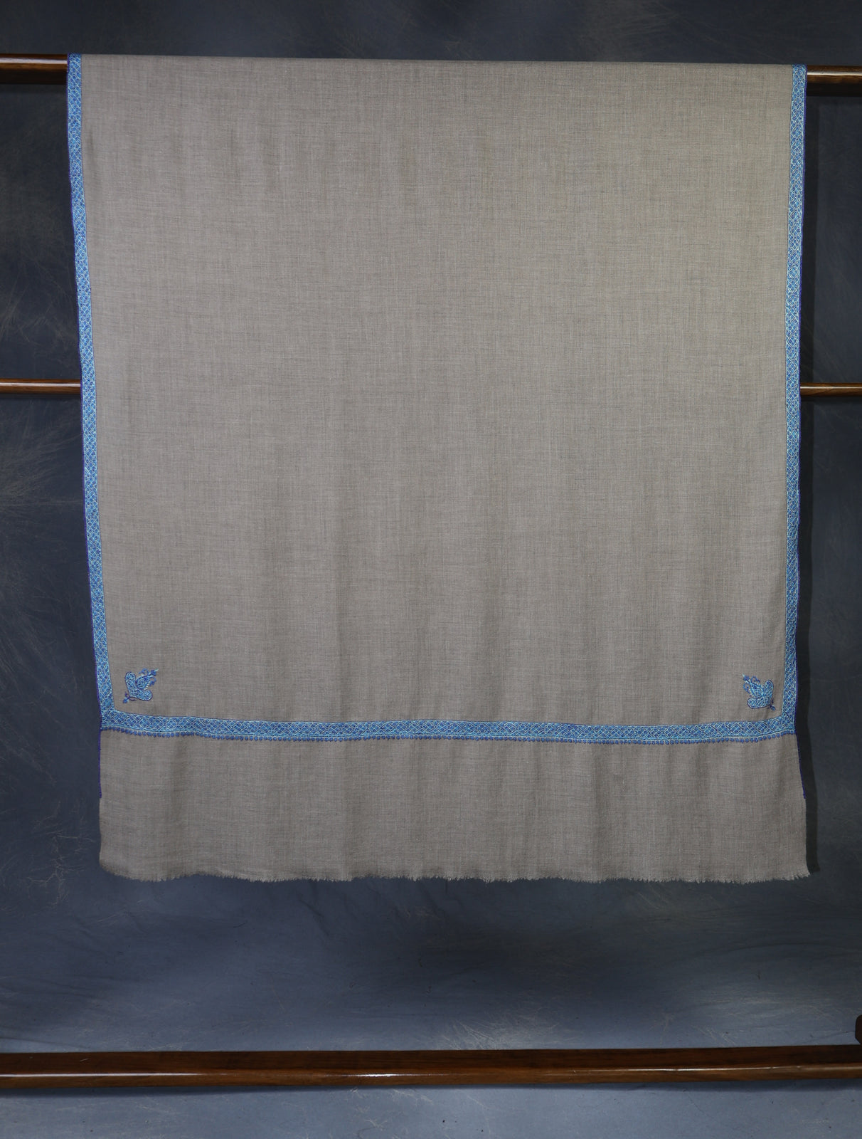 Natural Base Blue Border Embroidery Cashmere Pashmina Shawl
