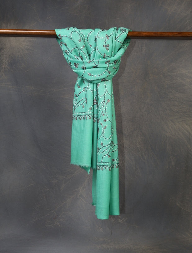 Aqua Green Base Jali Sozni Embroidery Merino Wool Scarf