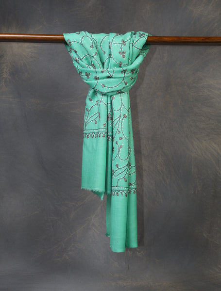 Aqua Green Base Jali Sozni Embroidery Merino Wool Scarf