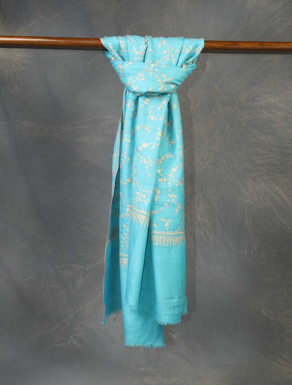 Sky Blue Jali Embroidery Cashmere Pashmina Scarf