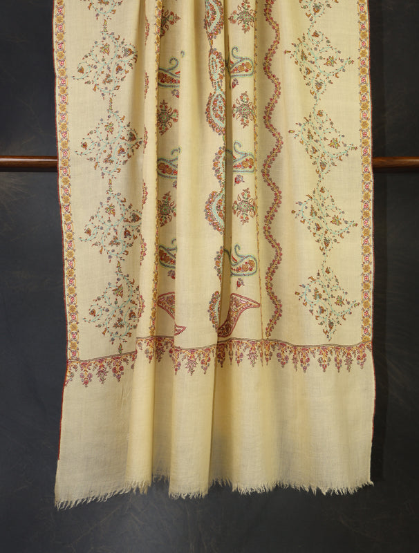 Lemon Base Striped Jali Embroidery Handwoven Cashmere Shawl