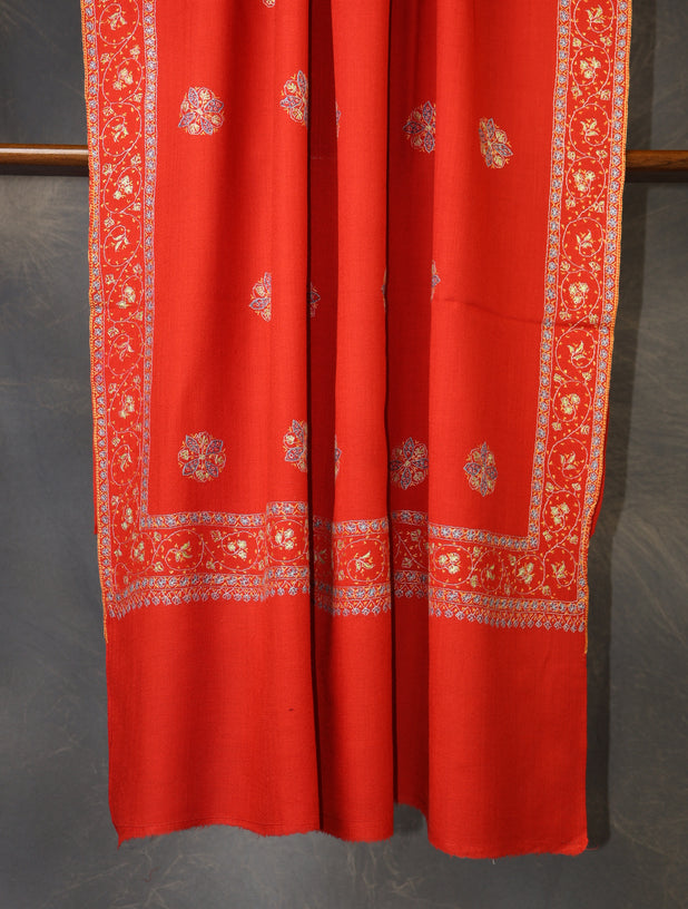 Red Base Buteh Motif Emboidery Merino wool Shawl