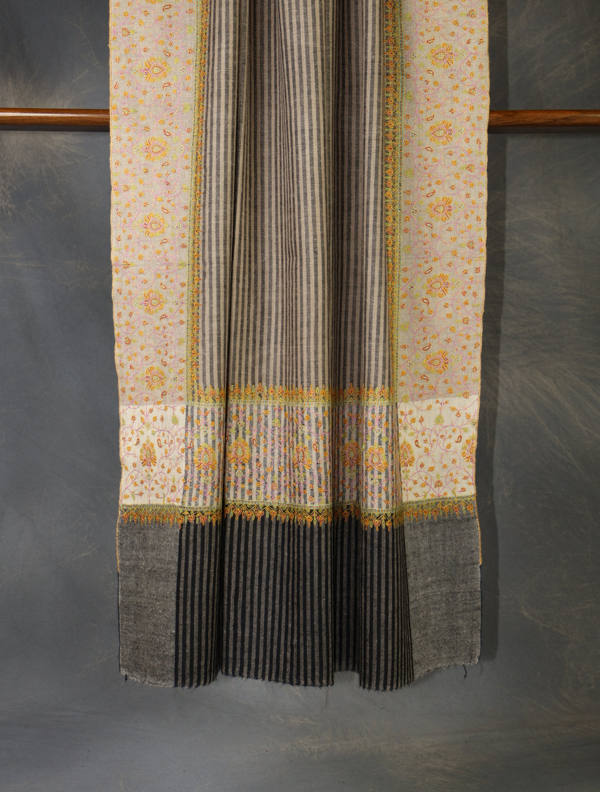 Black and Natural Striped Border Embroidery Pashmina Cashmere Shawl