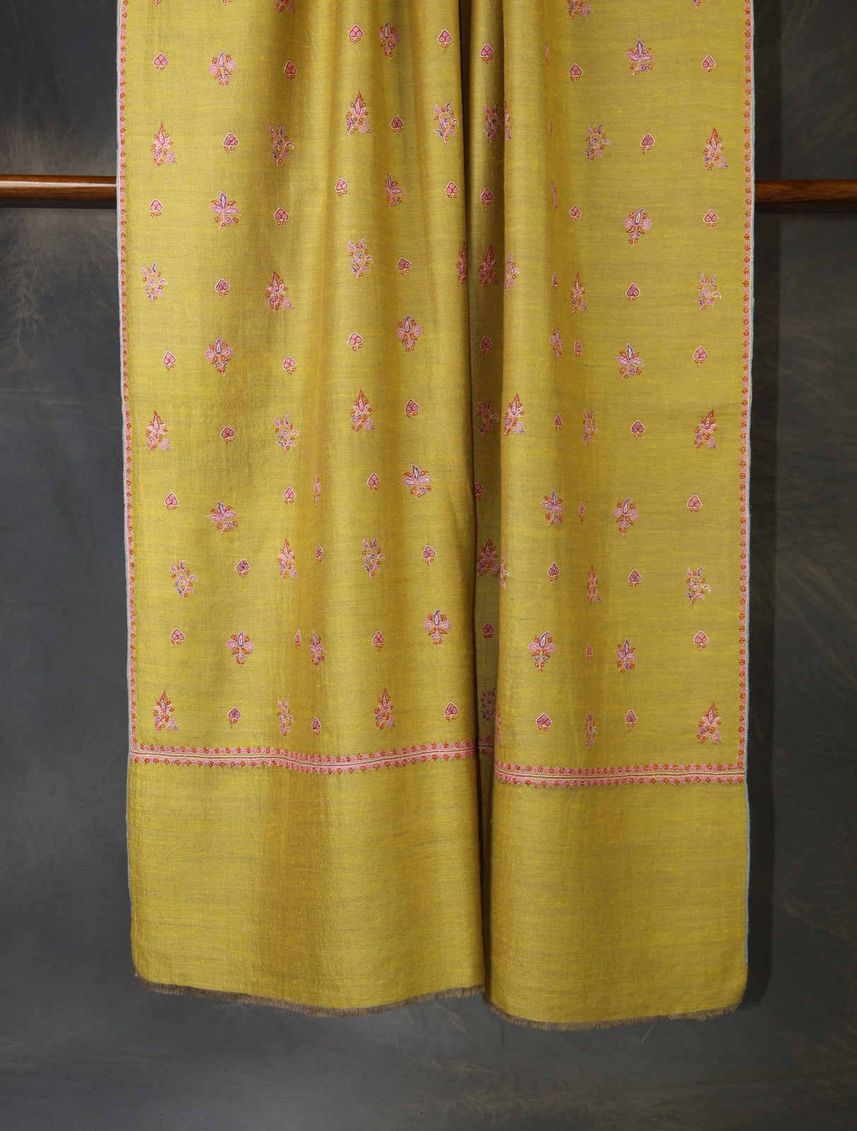 Reversible Mustard Boteh Motif Embroidery Cashmere Pashmina Shawl