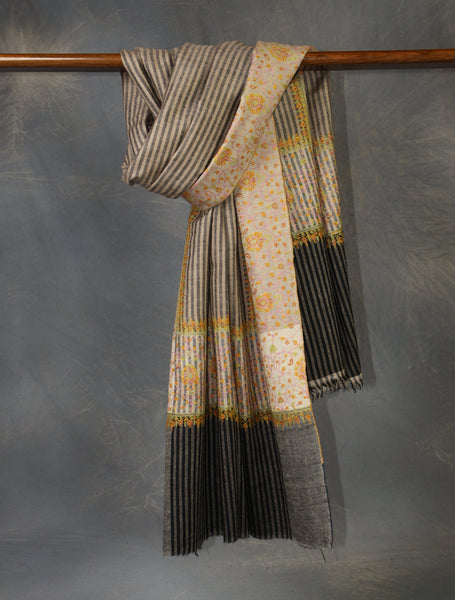 Black and Natural Striped Border Embroidery Pashmina Cashmere Shawl