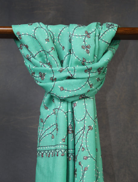 Aqua Green Base Jali Sozni Embroidery Merino Wool Scarf