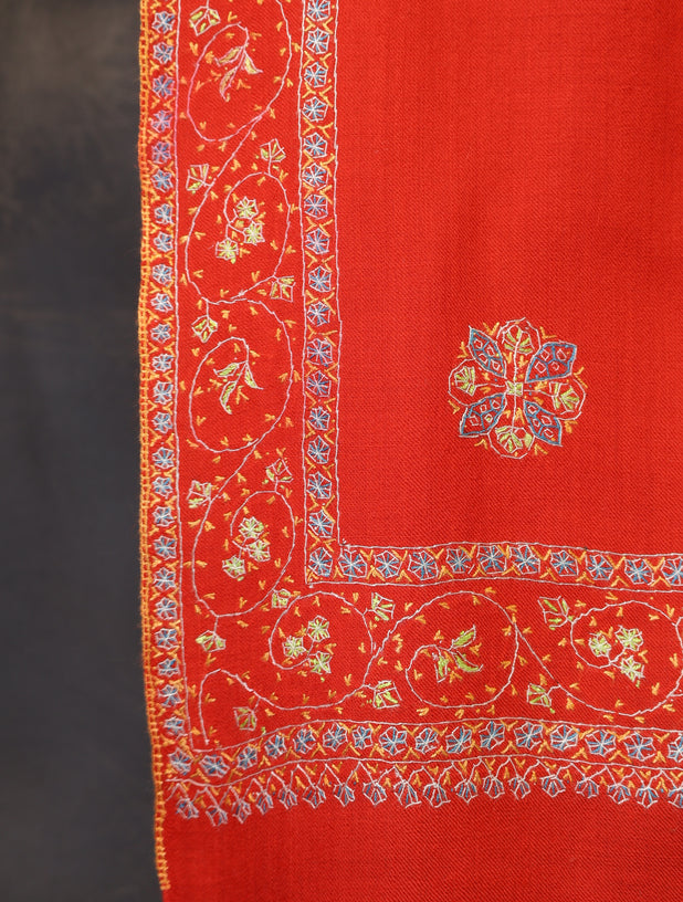 Red Base Buteh Motif Emboidery Merino wool Shawl