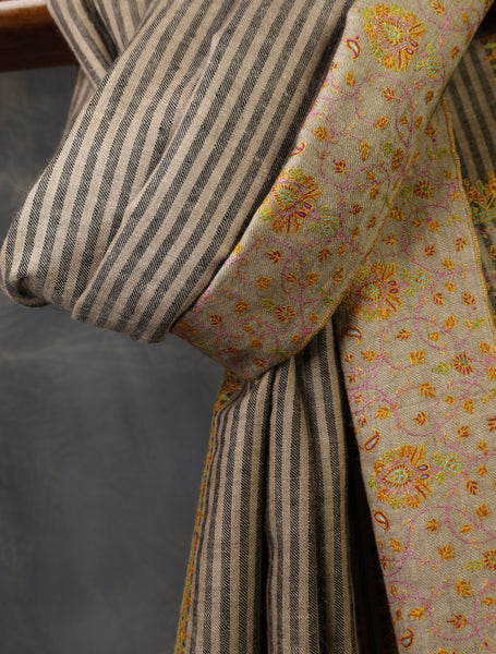 Black and Natural Striped Border Embroidery Pashmina Cashmere Shawl