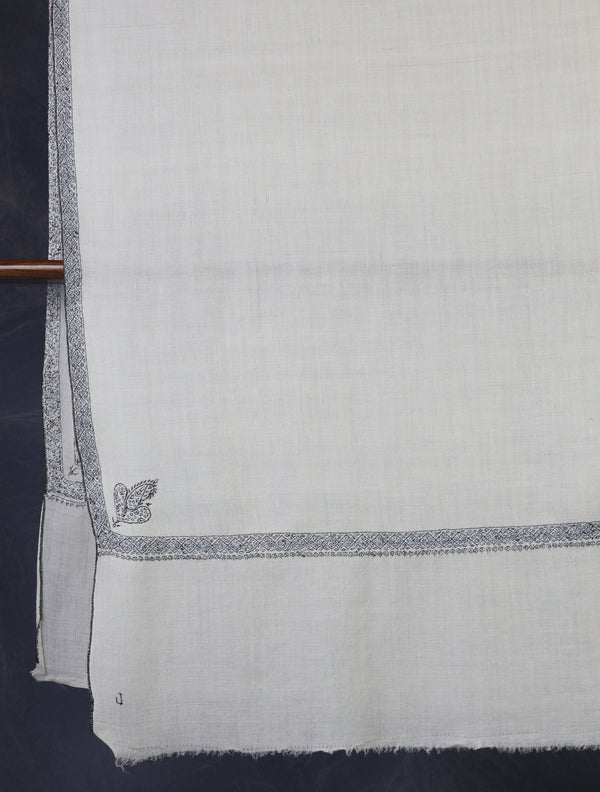 3 Yard Ivory Base Black Border Embroidery Cashmere Pashmina Shawl – detail view