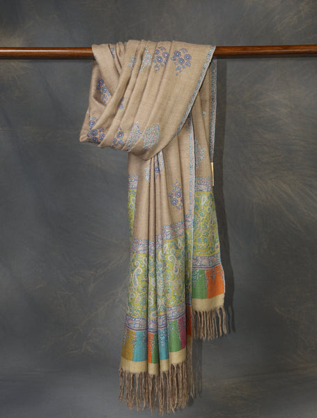 Natural Color Boteh motif Embroidery Cashmere Pashmina Shawl