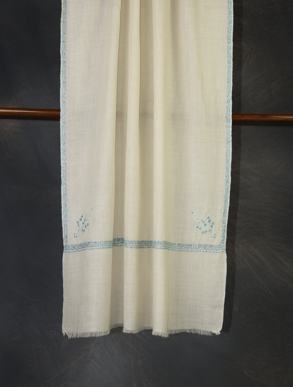 Ivory With Blue Border Embroidery Cashmere Pashmina Scarf