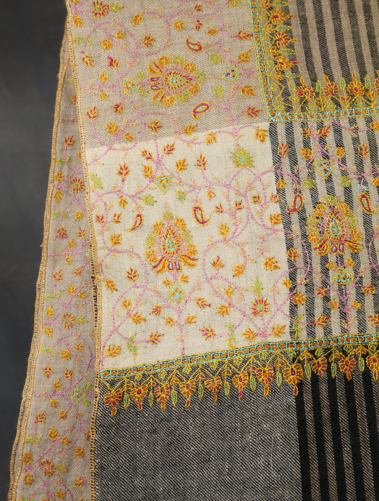 Black and Natural Striped Border Embroidery Pashmina Cashmere Shawl