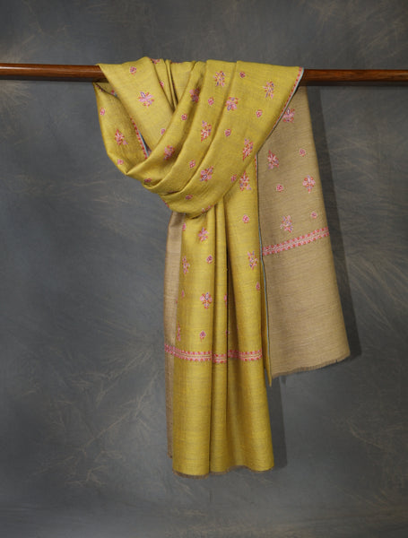 Reversible Mustard Boteh Motif Embroidery Cashmere Pashmina Shawl