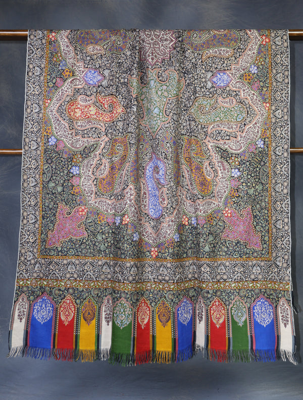 2.5 Yard Black Base Multicolor Kalamkari Embroidery Pashmina Shawl