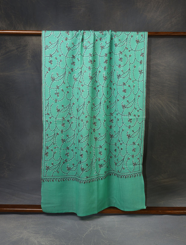 Aqua Green Base Jali Sozni Embroidery Merino Wool Scarf