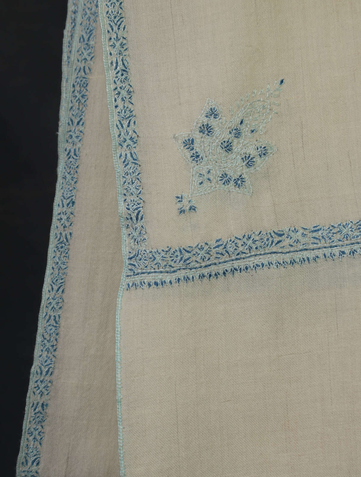 Ivory With Blue Border Embroidery Cashmere Pashmina Scarf