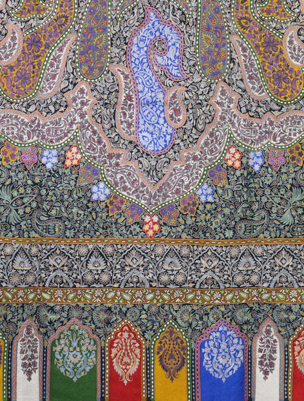 2.5 Yard Black Base Multicolor Kalamkari Embroidery Pashmina Shawl – detail view