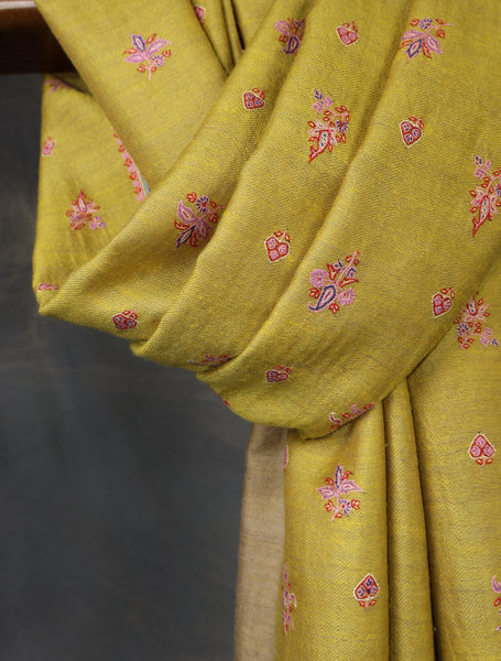 Reversible Mustard Boteh Motif Embroidery Cashmere Pashmina Shawl