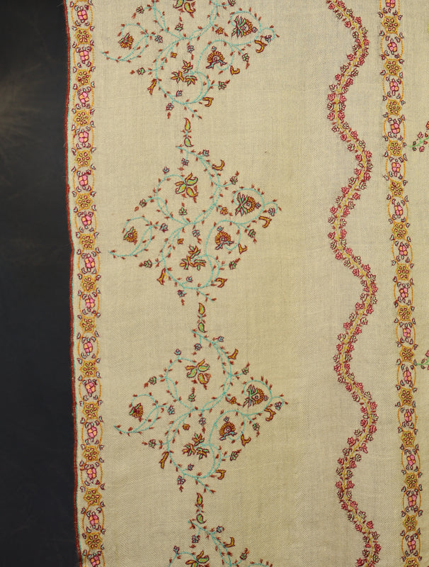 Lemon Base Striped Jali Embroidery Handwoven Cashmere Shawl
