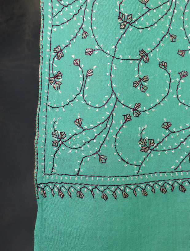 Aqua Green Base Jali Sozni Embroidery Merino Wool Scarf