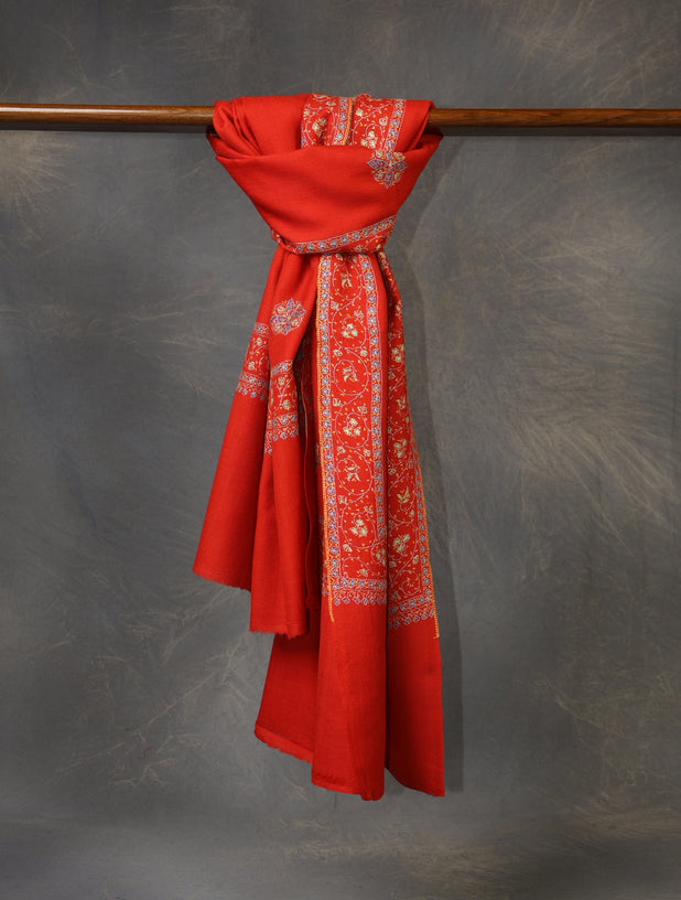 Red Base Buteh Motif Emboidery Merino wool Shawl