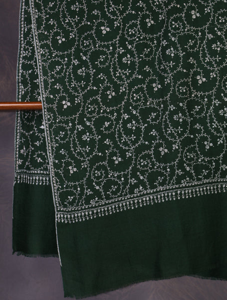 Bottle Green Jali Embroidery Cashmere Pashmina Scarf