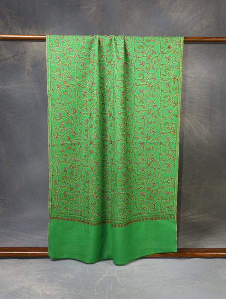 Green Base Jali Sozni Embroidery Merino Wool Scarf