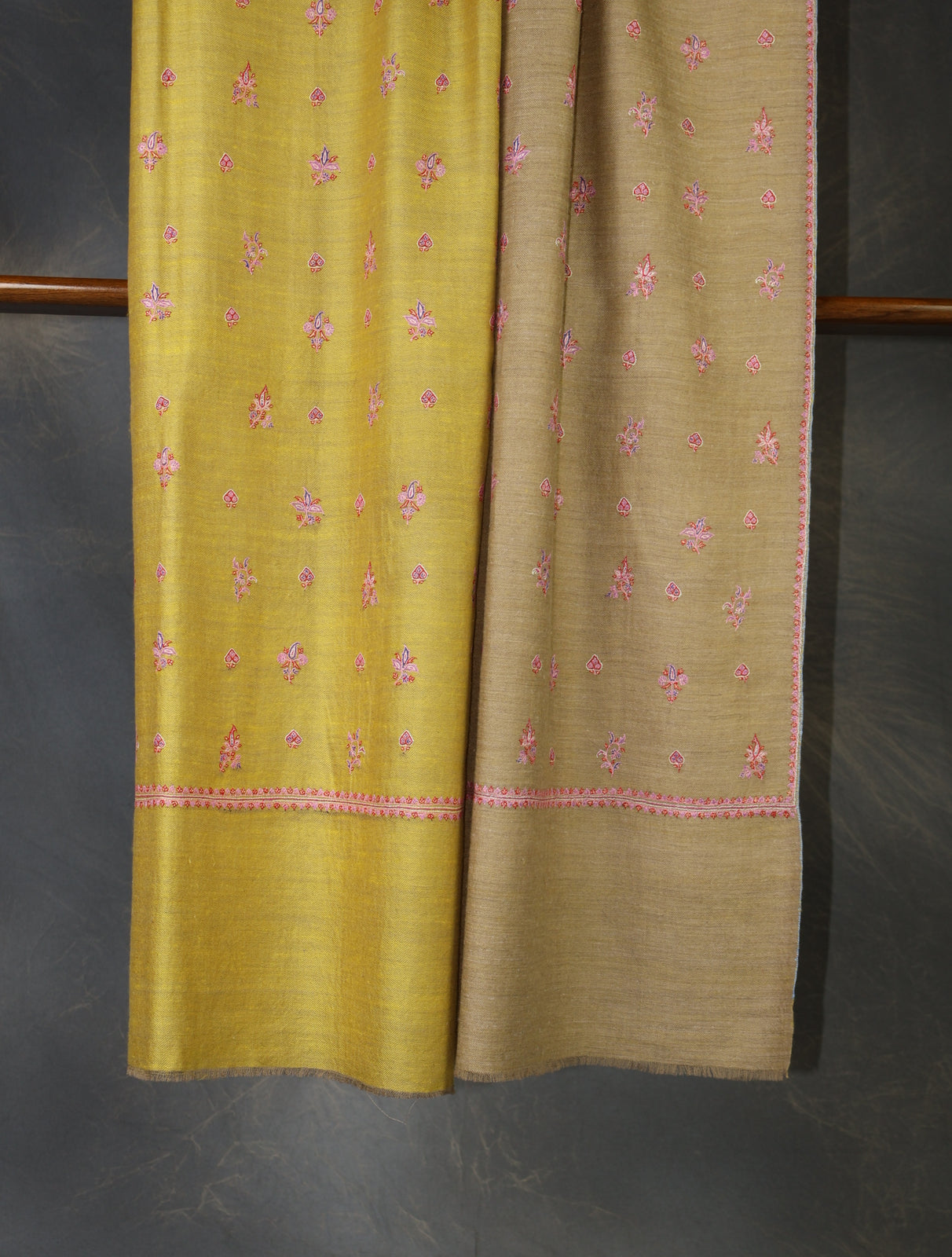 Reversible Mustard Boteh Motif Embroidery Cashmere Pashmina Shawl