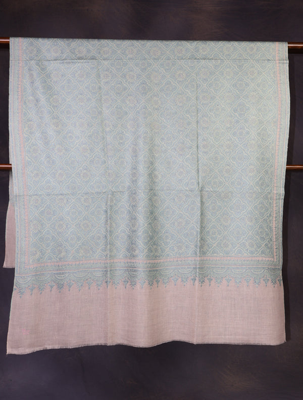 Ivory Base Green Jamawar Embroidery Pashmina Shawl
