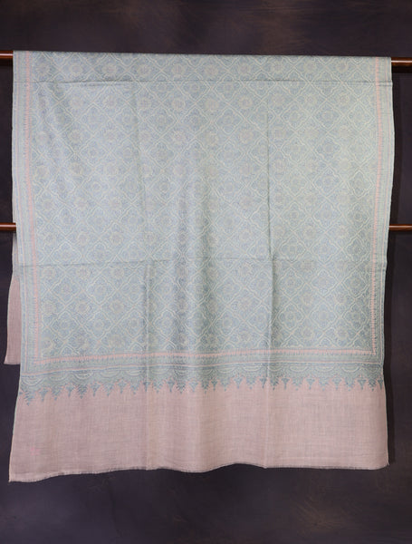 Ivory Base Green Jamawar Embroidery Pashmina Shawl