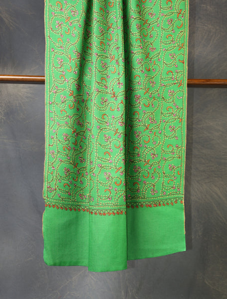 Green Base Jali Sozni Embroidery Merino Wool Scarf