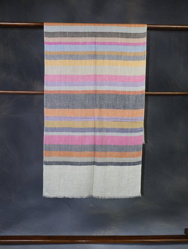 Ivory Multi Color Striped Handwoven Cashmere Pashmina Scarf
