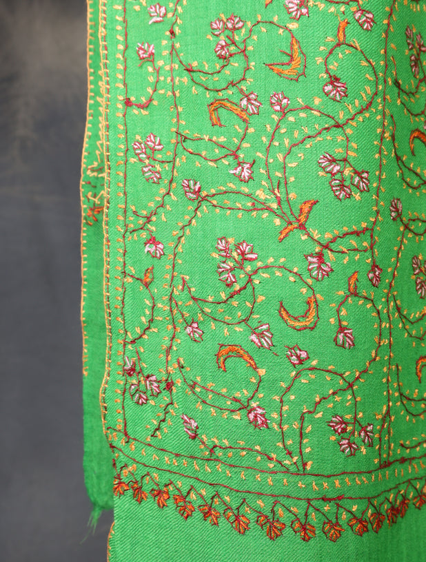 Green Base Jali Sozni Embroidery Merino Wool Scarf