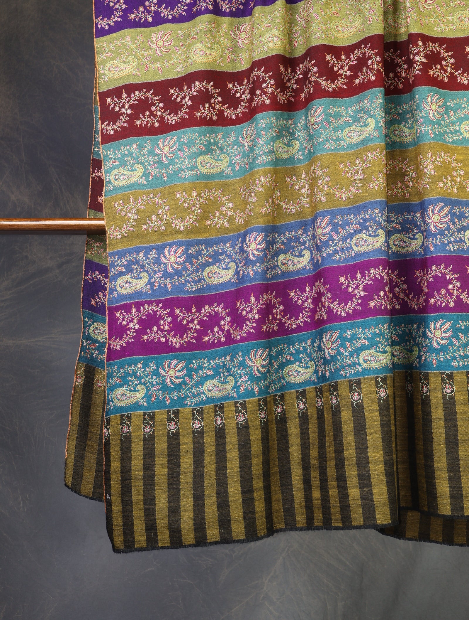 Multi color Base Striped Jali Embroidery Handwoven Cashmere Shawl