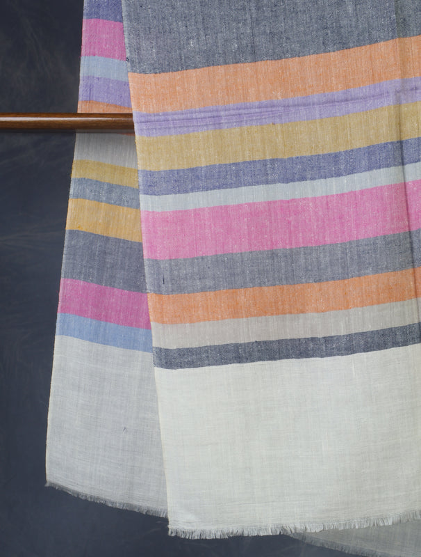 Ivory Multi Color Striped Handwoven Cashmere Pashmina Scarf