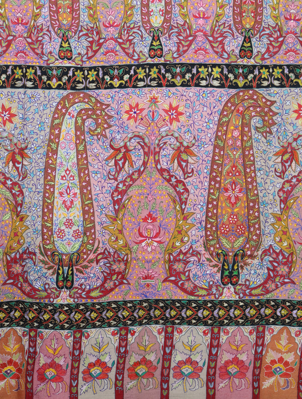 3 Yard Ivory Base Multicolor Kalamkari Embroidery Pashmina Shawl – detail view