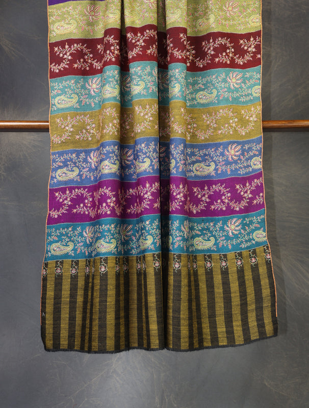 Multi color Base Striped Jali Embroidery Handwoven Cashmere Shawl