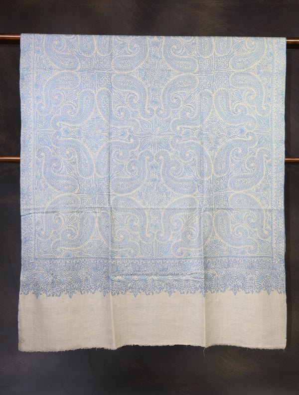Ivory Base Blue Jamawar Embroidery Pashmina Shawl