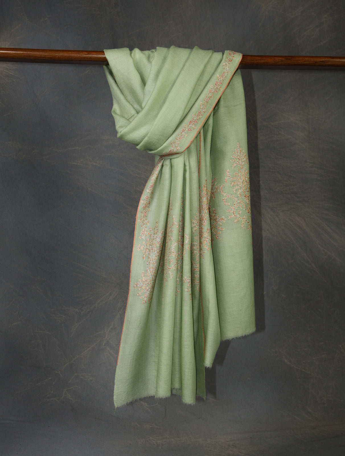 Light Pastel Green Big Border Embroidery Cashmere Pashmina Shawl