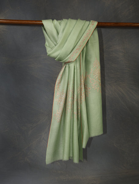 Light Pastel Green Big Border Embroidery Cashmere Pashmina Shawl