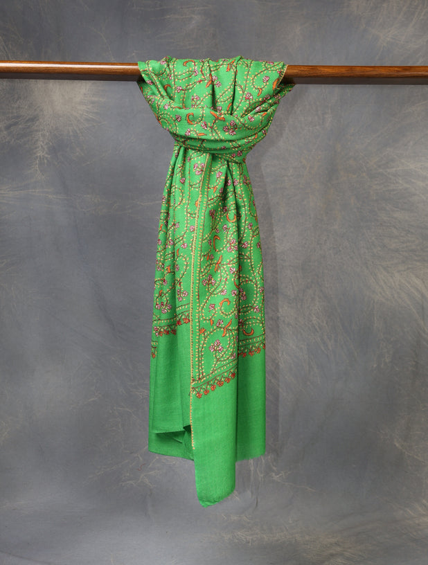 Green Base Jali Sozni Embroidery Merino Wool Scarf