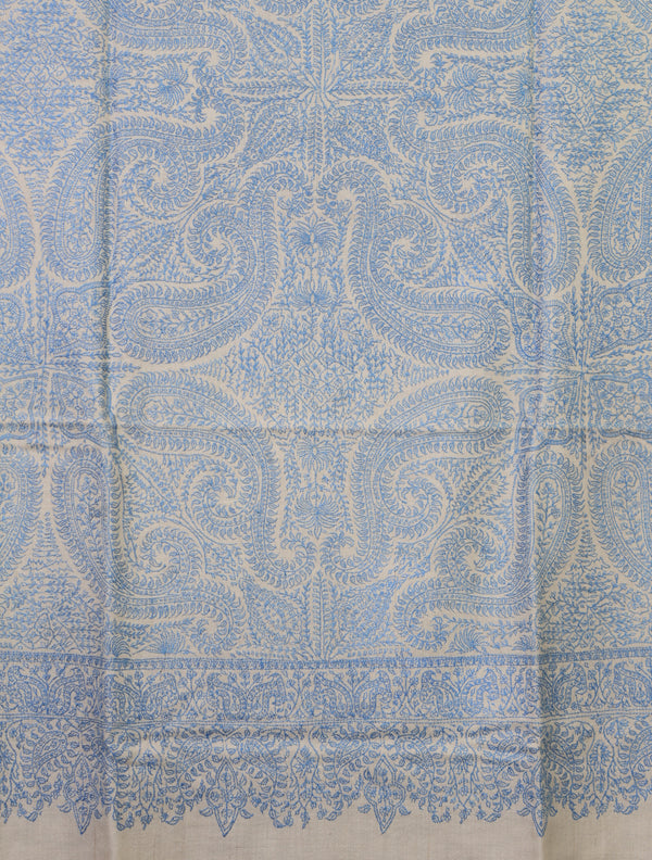 Ivory Base Blue Jamawar Embroidery Pashmina Shawl – detail view