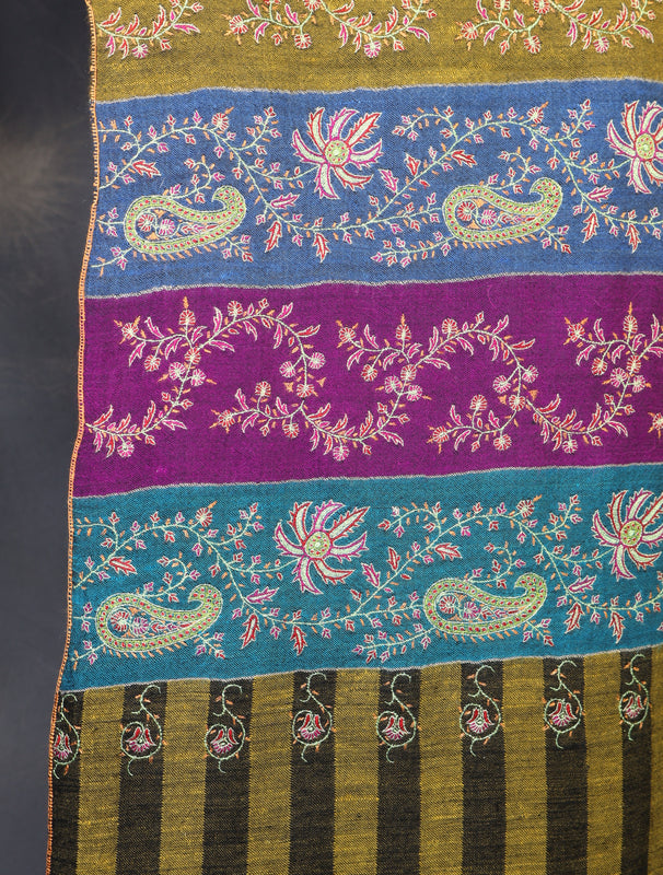 Multi color Base Striped Jali Embroidery Handwoven Cashmere Shawl