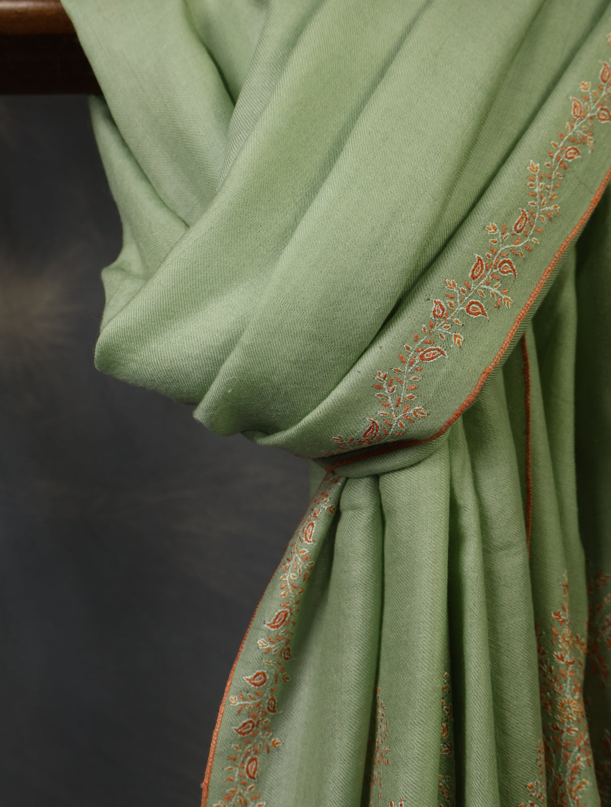 Light Pastel Green Big Border Embroidery Cashmere Pashmina Shawl