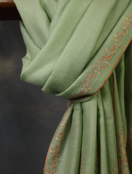 Light Pastel Green Big Border Embroidery Cashmere Pashmina Shawl