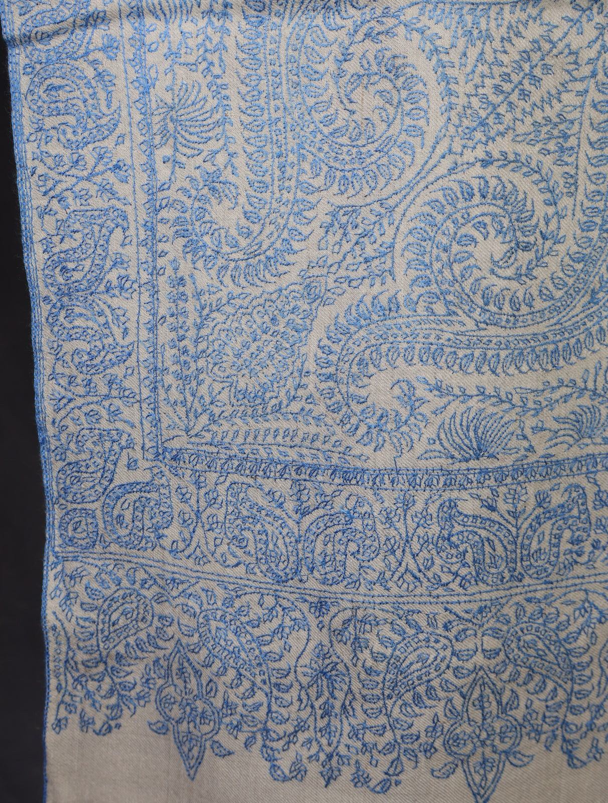 Ivory Base Blue Jamawar Embroidery Pashmina Shawl