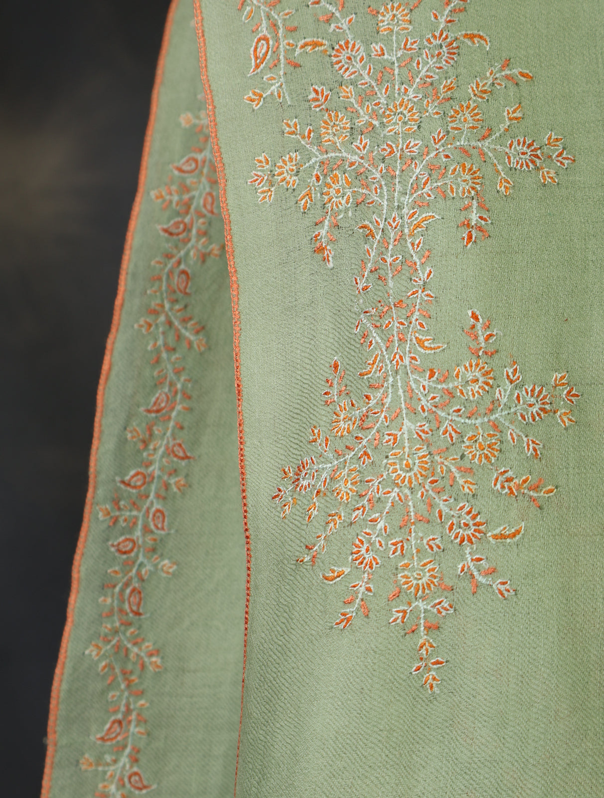 Light Pastel Green Big Border Embroidery Cashmere Pashmina Shawl