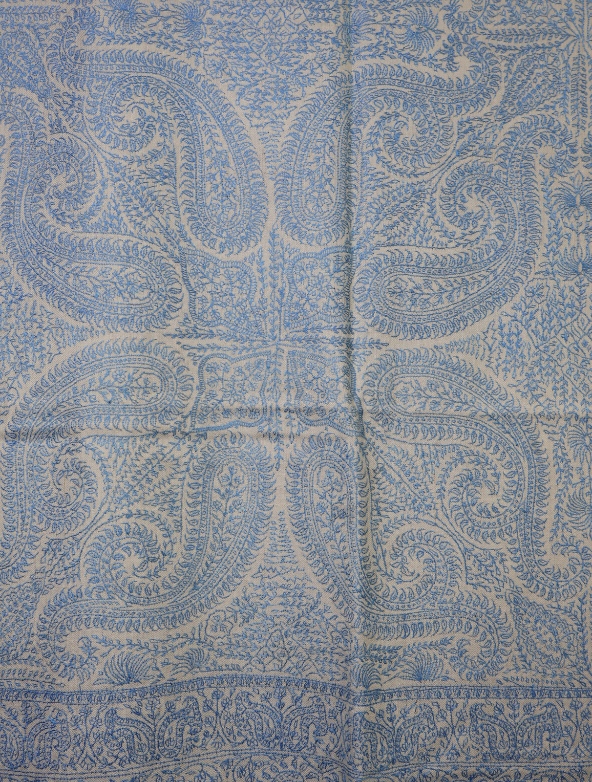 Ivory Base Blue Jamawar Embroidery Pashmina Shawl
