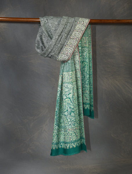 Teal Green Jamawar Embroidery Pashmina Shawl